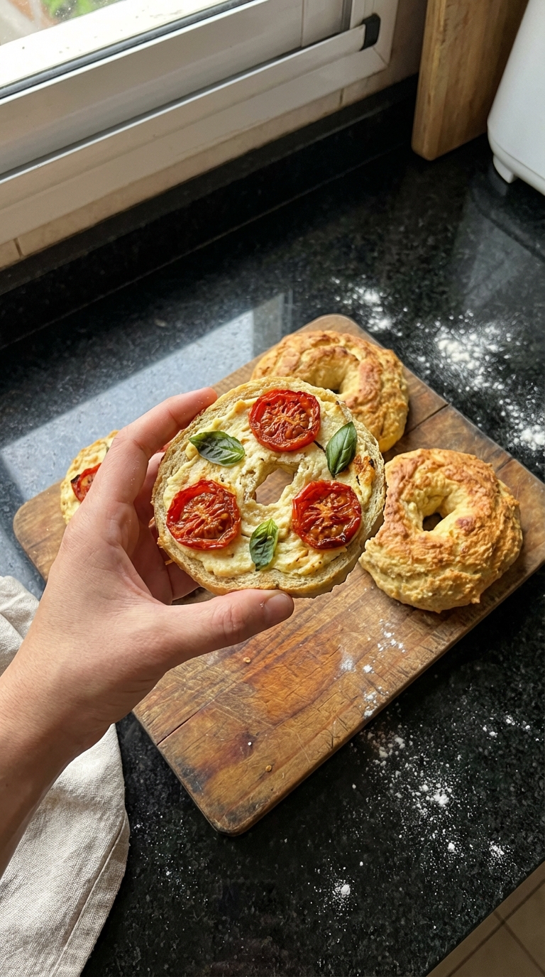 Bagels de requesón con tomate albahaca