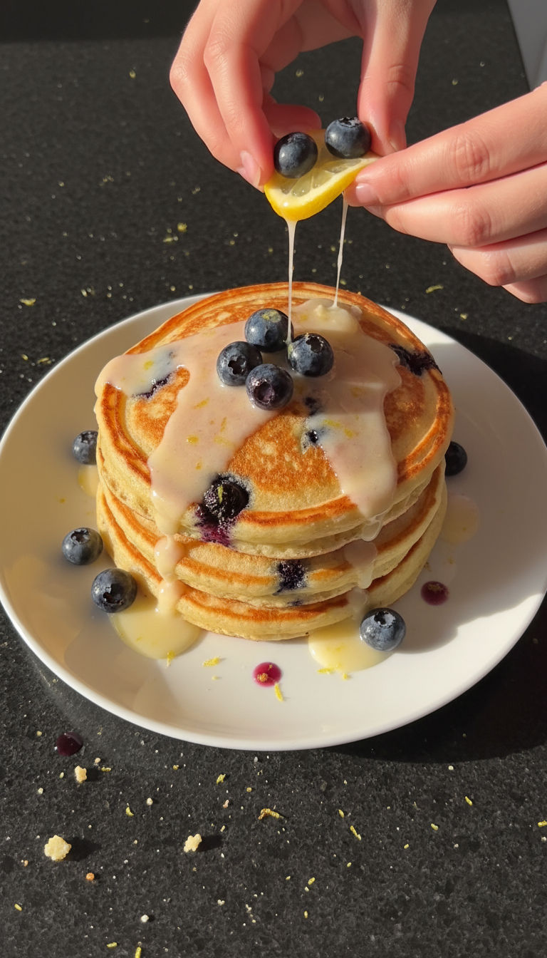 Pancakes de masa madre limón arándanos