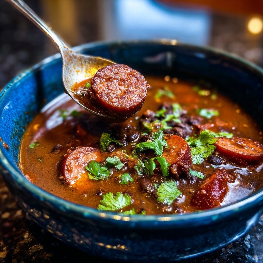 Sopa frijoles negros salchicha ahumada