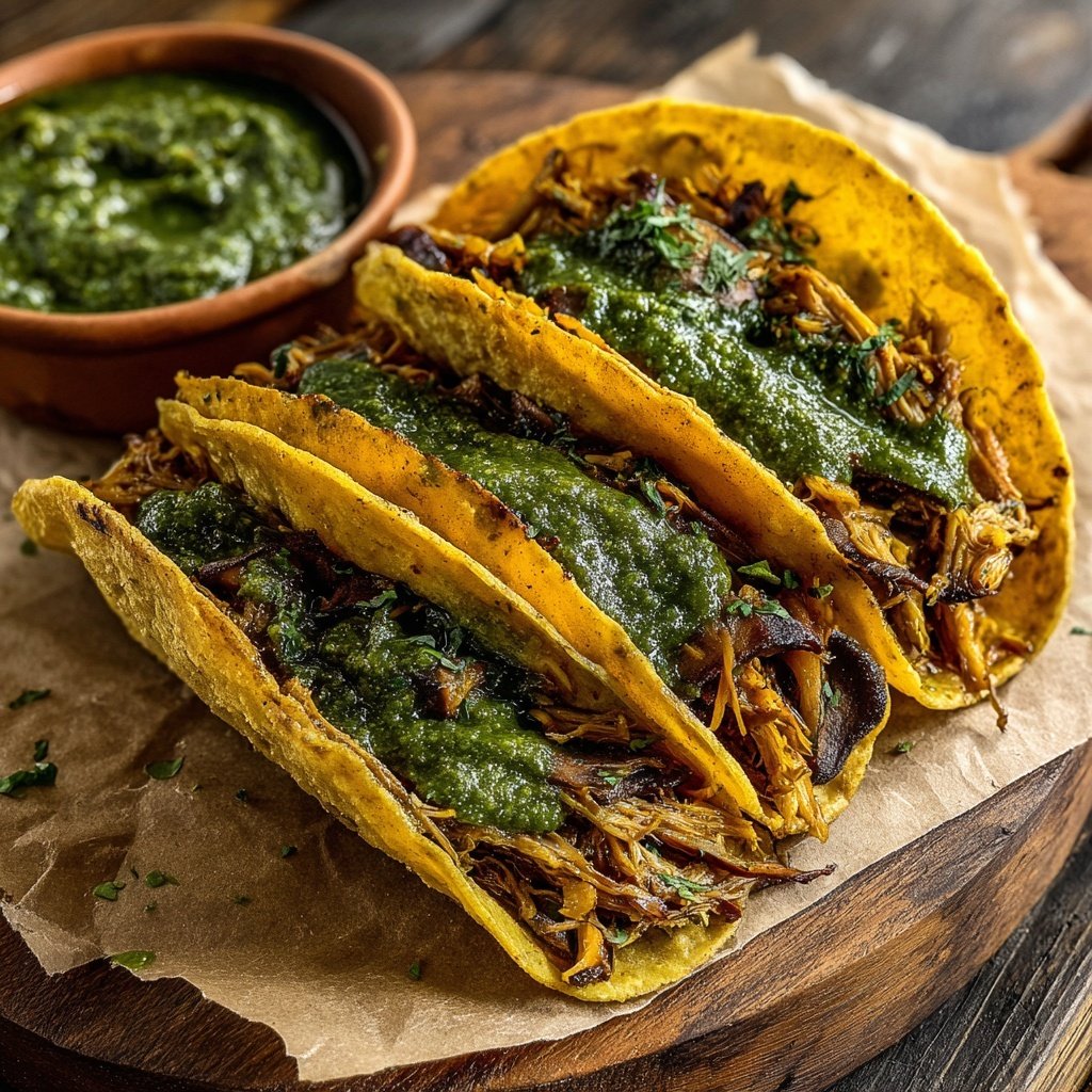 Tacos hongos desmenuzados salsa verde