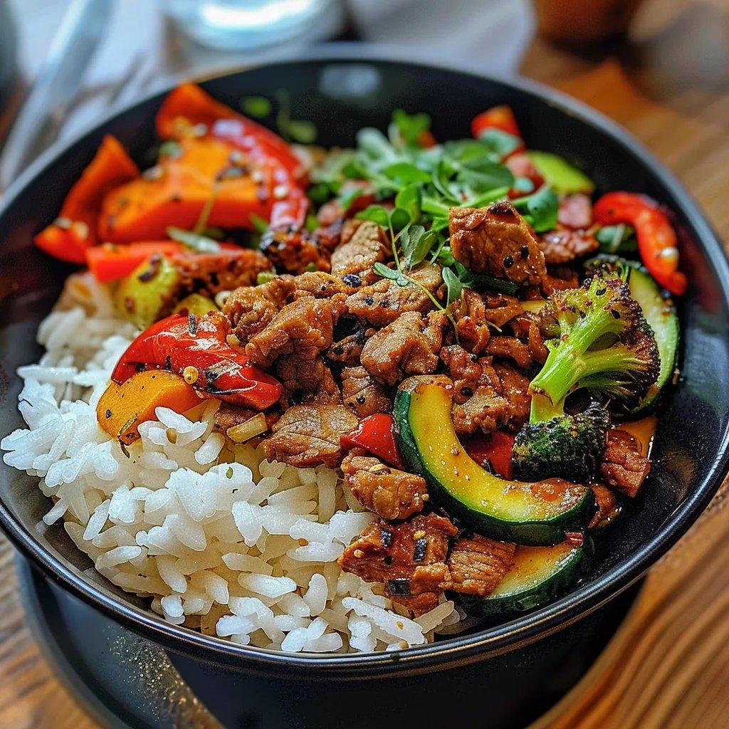 Salteado de carne picada picante con verduras al ajillo y arroz al vapor