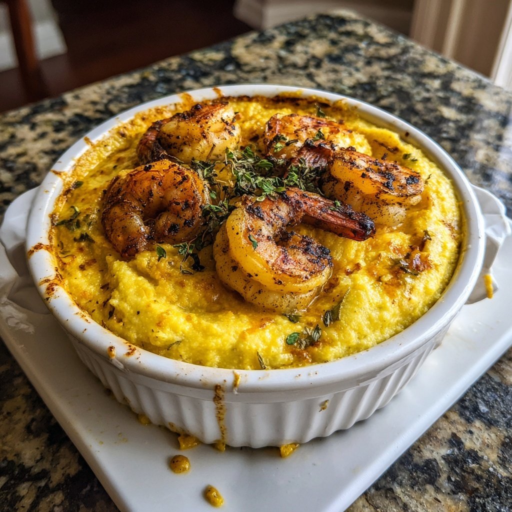 Bocados camarones grits queso cajún